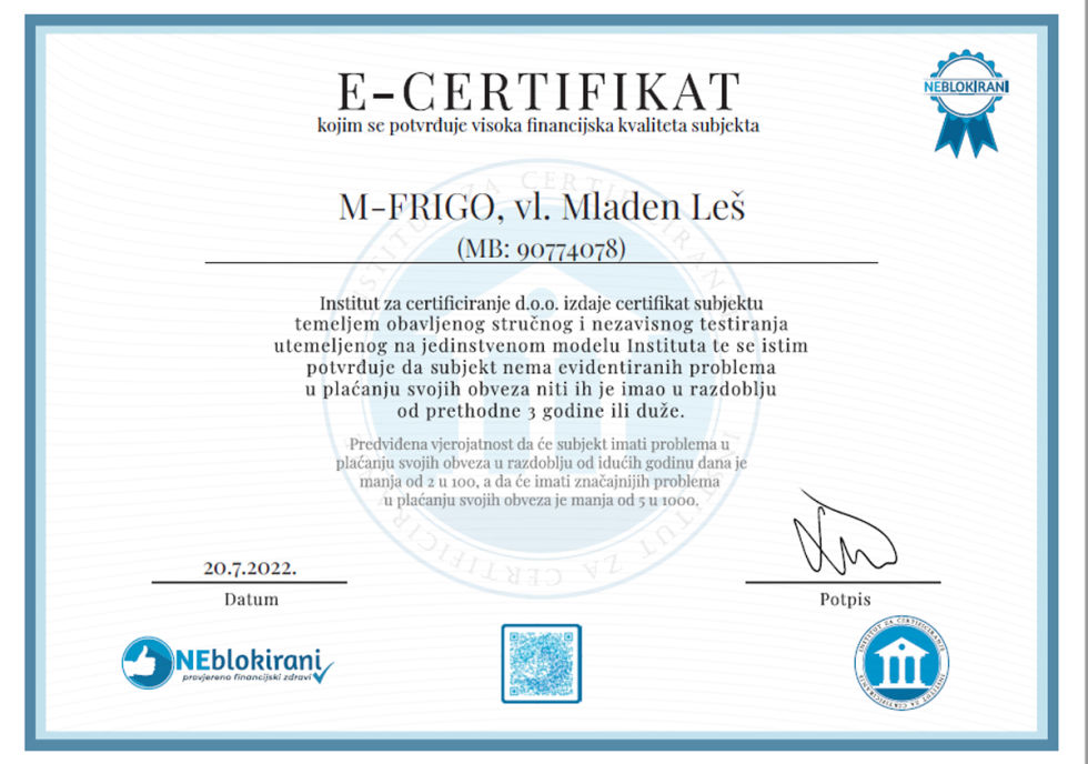 M Frigo servis certifikat